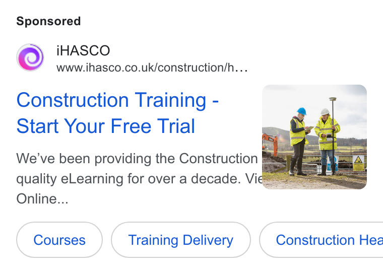 iHasco ad on Google Ads: Construction Training - Start Your Free Trial We've been providing the Construction Bi quality e Learning for over a decade. Vic Online... Training Delivery } ( Construction Hee