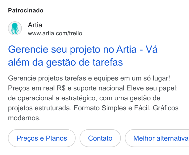 Artia ad on Google Ads: Patrocinado Gerencie seu projeto no Artia - Va além da gestao de tarefas Gerencie projetos tarefas e equipes em um sé lugar! Pregos em real R$ e suporte nacional Eleve seu papel: de operacional a estratégico, com uma gestao de projetos estruturada. Formato Simples e Facil. Graficos modernos. Pregos e Planos { Melhor alternativa
