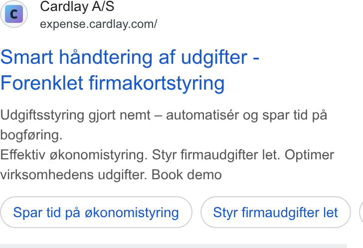 Cardlay ad on Google Ads: Smart handtering af udgifter - Forenklet firmakortstyring Udgiftsstyring gjort nemt — automatisér og spar tid pa bogfaring. Effektiv a@konomistyring. Styr firmaudgifter let. Optimer virksomhedens udgifter. Book demo Spar tid pa @konomistyring Styr firmaudgifter let