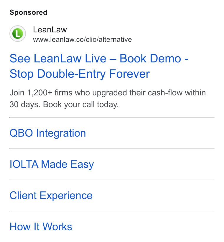 LeanLaw ad on Google Ads: See Lean Law Live — Book Demo - Stop Double-Entry Forever Join 1,200+ firms who upgraded their cash-flow within 30 days. Book your call today. QBO Integration IOLTA Made Easy Client Experience How It Works