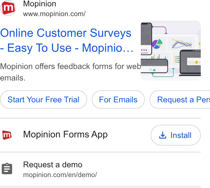 Mopinion ad on Google Ads: Online Customer Surveys a Easy To Use - Mopinio... ... [© Cc Mopinion offers feedback forms for we emails. -_, Start Your Free Trial { Request a Per: Mopinion Forms App 8 Request a demo mopinion.com/en/demo/