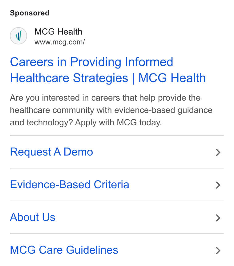 MCG Health ad on Google Ads: Careers in Providing Informed Healthcare Strategies | MCG Health Are you interested in careers that help provide the healthcare community with evidence-based guidance and technology? Apply with MCG today. Request A Demo Evidence-Based Criteria About Us MCG Care Guidelines