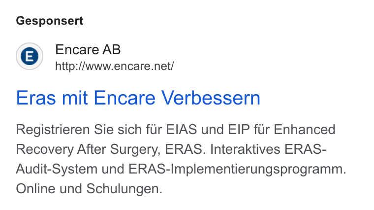 Encare ad on Google Ads: Gesponsert Eras mit Encare Verbessern Registrieren Sie sich fur EIAS und EIP fur Enhanced Recovery After Surgery, ERAS. Interaktives ERAS- Audit-System und ERAS-Implementierungsprogramm. Online und Schulungen.