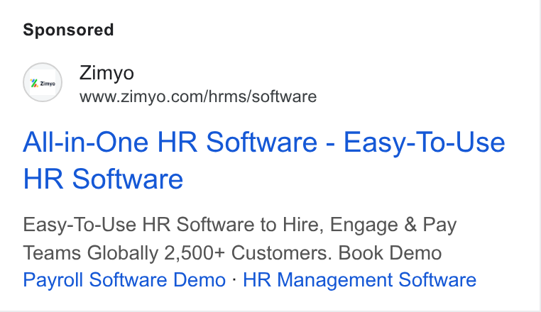 Zimyo ad on Google Ads: All-in-One HR Software - Easy-To-Use HR Software Easy-To-Use HR Software to Hire, Engage & Pay Teams Globally 2,500+ Customers. Book Demo Payroll Software Demo - HR Management Software