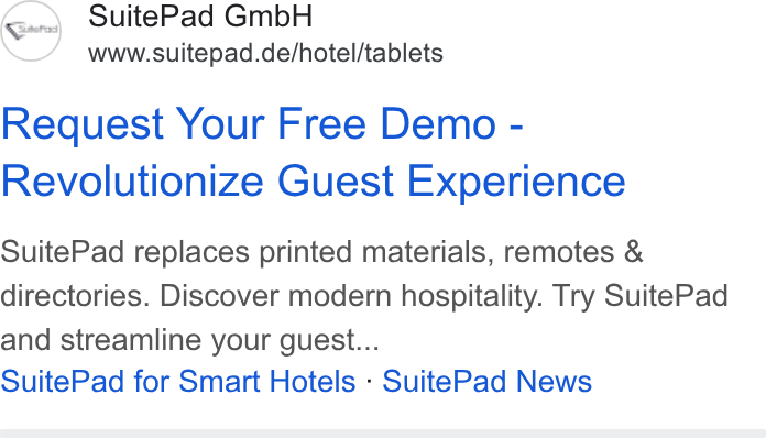 SuitePad ad on Google Ads: Request Your Free Demo - Revolutionize Guest Experience Suite Pad replaces printed materials, remotes & directories. Discover modern hospitality. Try Suite Pad and streamline your guest... Suite Pad for Smart Hotels - Suite Pad News