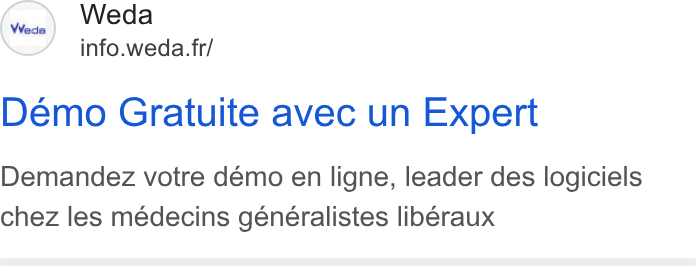 Weda ad on Google Ads: Demo Gratuite avec un Expert Demandez votre demo en ligne, leader des logiciels chez les médecins geéneralistes liberaux