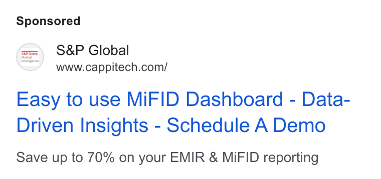 Cappitech ad on Google Ads: Easy to use Mi FID Dashboard - Data- Driven Insights - Schedule A Demo Save up to 70% on your EMIR & Mi FID reporting