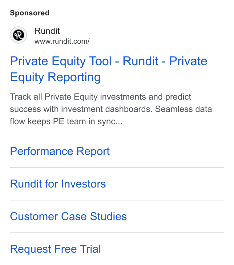 Rundit ad on Google Ads: Private Equity Tool - Rundit - Private Equity Reporting Track all Private Equity investments and predict success with investment dashboards. Seamless data flow keeps PE team in sync... Performance Report Rundit for Investors Customer Case Studies Request Free Trial