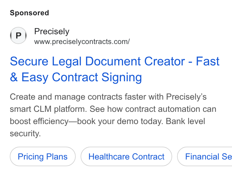 Precisely ad on Google Ads: Secure Legal Document Creator - Fast Easy Contract Signing Create and manage contracts faster with Precisely’s smart CLM platform. See how contract automation can boost efficiency—book your demo today. Bank level security. Pricing Plans Healthcare Contract } ( Financial Se