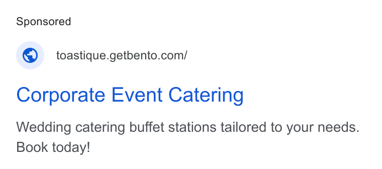 BentoBox ad on Google Ads: Corporate Event Catering Wedding catering buffet stations tailored to your needs. Book today!