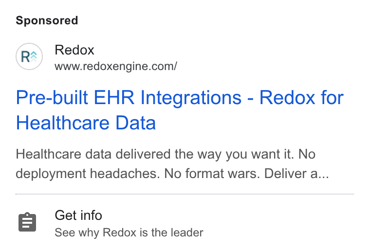 Redox ad on Google Ads: Pre-built EHR Integrations - Redox for Healthcare Data Healthcare data delivered the way you want it. No deployment headaches. No format wars. Deliver a... Get info See why Redox is the leader
