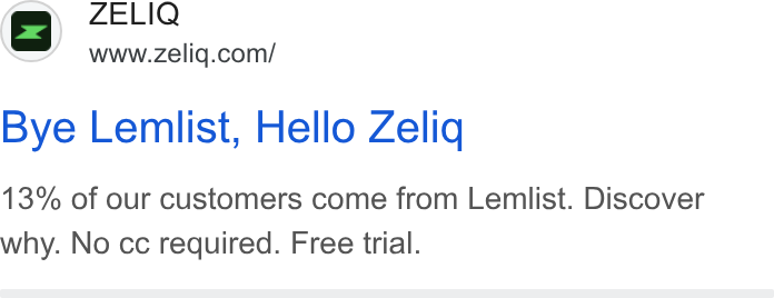 ZELIQ ad on Google Ads: Bye Lemlist, Hello Zeliq 13% of our customers come from Lemlist. Discover why. No cc required. Free trial.