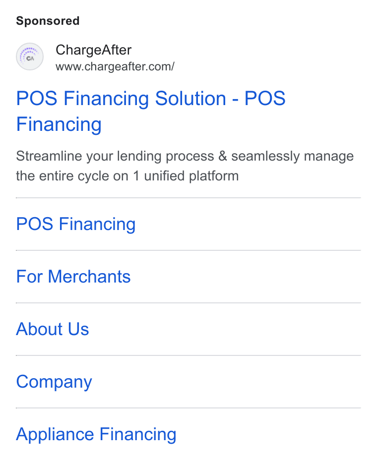 ChargeAfter ad on Google Ads: POS Financing Solution - POS Financing Streamline your lending process & seamlessly manage the entire cycle on 1 unified platform POS Financing For Merchants About Us Company Appliance Financing