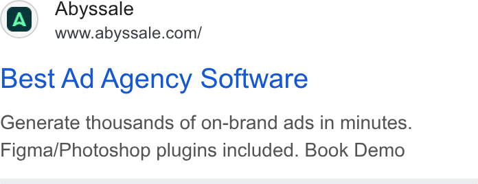 Abyssale ad on Google Ads: Best Ad Agency Software Generate thousands of on-brand ads in minutes. Figma/Photoshop plugins included. Book Demo