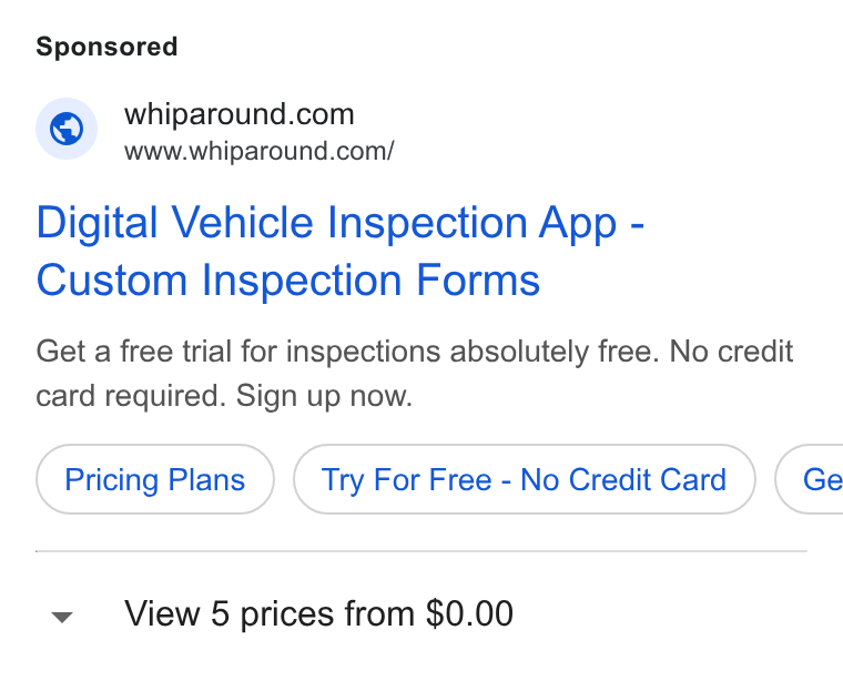 Whip Around ad on Google Ads: www.whiparound.com/ Digital Vehicle Inspection App - Custom Inspection Forms Get a free trial for inspections absolutely free. No credit card required. Sign up now. Pricing Plans Try For Free - No Credit Card } ( Ge View 5 prices from $0.00