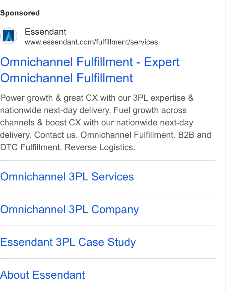 Essendant ad on Google Ads: Omnichannel Fulfillment - Expert Omnichannel Fulfillment Power growth & great CX with our 3PL expertise & nationwide next-day delivery. Fuel growth across channels & boost CX with our nationwide next-day delivery. Contact us. Omnichannel Fulfillment. B2B and DTC Fulfillment. Reverse Logistics. Omnichannel 3PL Services Omnichannel 3PL Company Essendant 3PL Case Study About Essendant