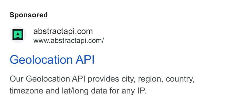 Abstract ad on Google Ads: www.abstractapi.com/ Geolocation API Our Geolocation API provides city, region, country, timezone and lat/long data for any IP.