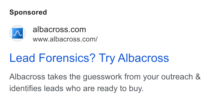 Albacross ad on Google Ads: www.albacross.com/ Lead Forensics? Try Albacross Albacross takes the guesswork from your outreach & identifies leads who are ready to buy.