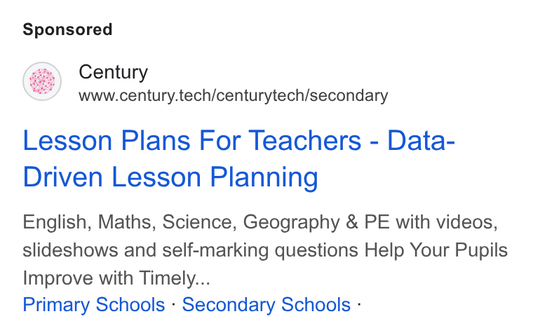 CENTURY Tech ad on Google Ads: Century www.century.tech/centurytech/secondary Lesson Plans For Teachers - Data- Driven Lesson Planning English, Maths, Science, Geography & PE with videos, slideshows and self-marking questions Help Your Pupils Improve with Timely... Primary Schools - Secondary Schools -