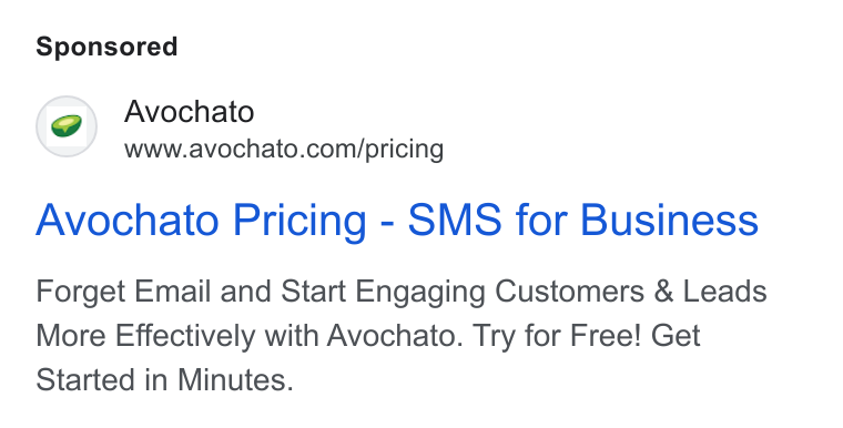 Avochato ad on Google Ads: Avochato Pricing - SMS for Business Forget Email and Start Engaging Customers & Leads More Effectively with Avochato. Try for Free! Get Started in Minutes.