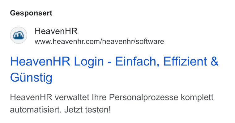 HeavenHR ad on Google Ads: Gesponsert Heaven HR Login - Einfach, Effizient & Gunstig Heaven HR verwaltet Ihre Personalprozesse komplett automatisiert. Jetzt testen!