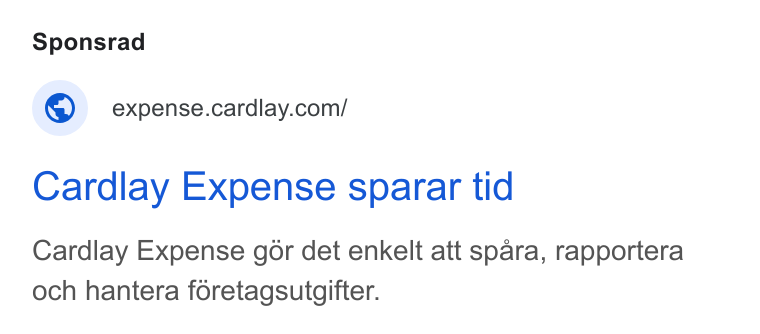 Cardlay ad on Google Ads: Cardlay Expense sparar tid Cardlay Expense g6r det enkelt att spara, rapportera och hantera foretagsutgifter.