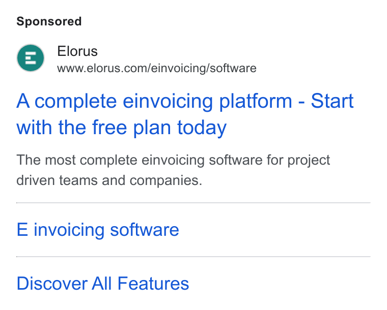 Elorus ad on Google Ads: A complete einvoicing platform - Start with the free plan today The most complete einvoicing software for project driven teams and companies. E invoicing software Discover All Features
