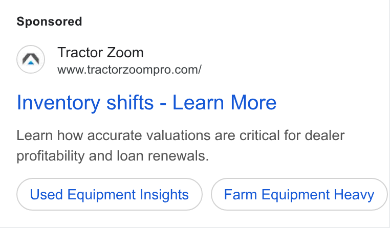 Tractor Zoom ad on Google Ads: Inventory shifts - Learn More Learn how accurate valuations are critical for dealer profitability and loan renewals. Used Equipment Insights Farm Equipment Heavy