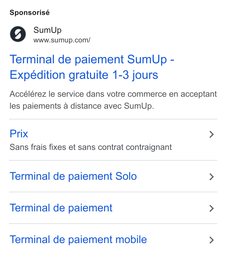 SumUp ad on Google Ads: Sponsorisé Terminal de paiement Sum Up - Expédition gratuite 1-3 jours Accélérez le service dans votre commerce en acceptant les paiements a distance avec Sum Up. Prix > Sans frais fixes et sans contrat contraignant Terminal de paiement Solo > Terminal de paiement > Terminal de paiement mobile >