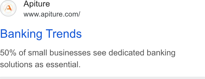 Apiture ad on Google Ads: Banking Trends 50% of small businesses see dedicated banking solutions as essential.