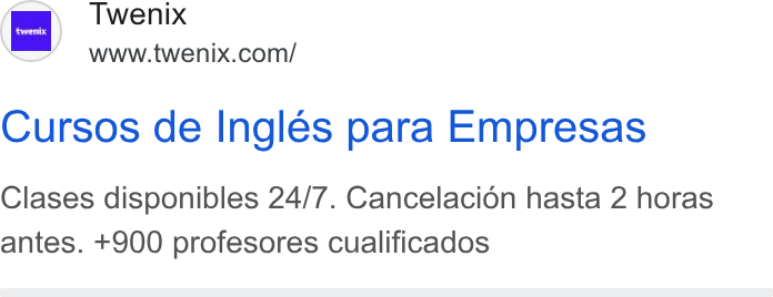 Twenix ad on Google Ads: Cursos de Ingles para Empresas Clases disponibles 24/7. Cancelacion hasta 2 horas antes. +900 profesores cualificados