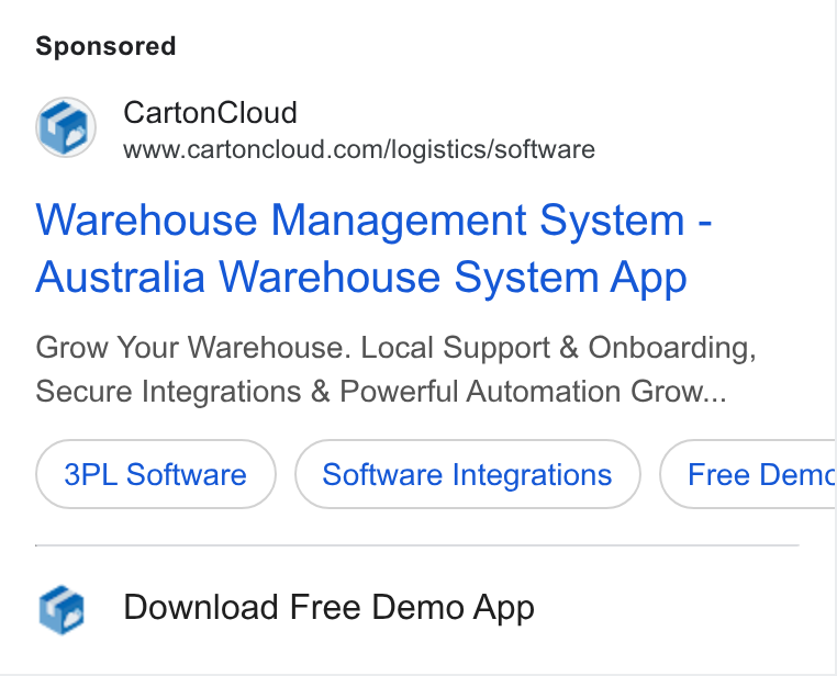 CartonCloud ad on Google Ads: Warehouse Management System - Australia Warehouse System App Grow Your Warehouse. Local Support & Onboarding, Secure Integrations & Powerful Automation Grow... 3PL Software Software Integrations Download Free Demo App Free Demc