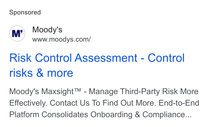 Moody's ad on Google Ads: Risk Control Assessment - Control risks & more Moody's Maxsight™ - Manage Third-Party Risk More Effectively. Contact Us To Find Out More. End-to-End Platform Consolidates Onboarding & Compliance...