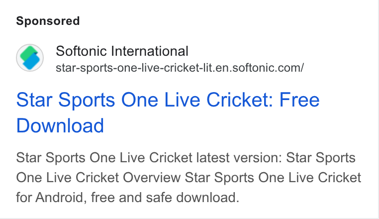 Softonic ad on Google Ads: Star Sports One Live Cricket: Free Download Star Sports One Live Cricket latest version: Star Sports One Live Cricket Overview Star Sports One Live Cricket for Android, free and safe download.