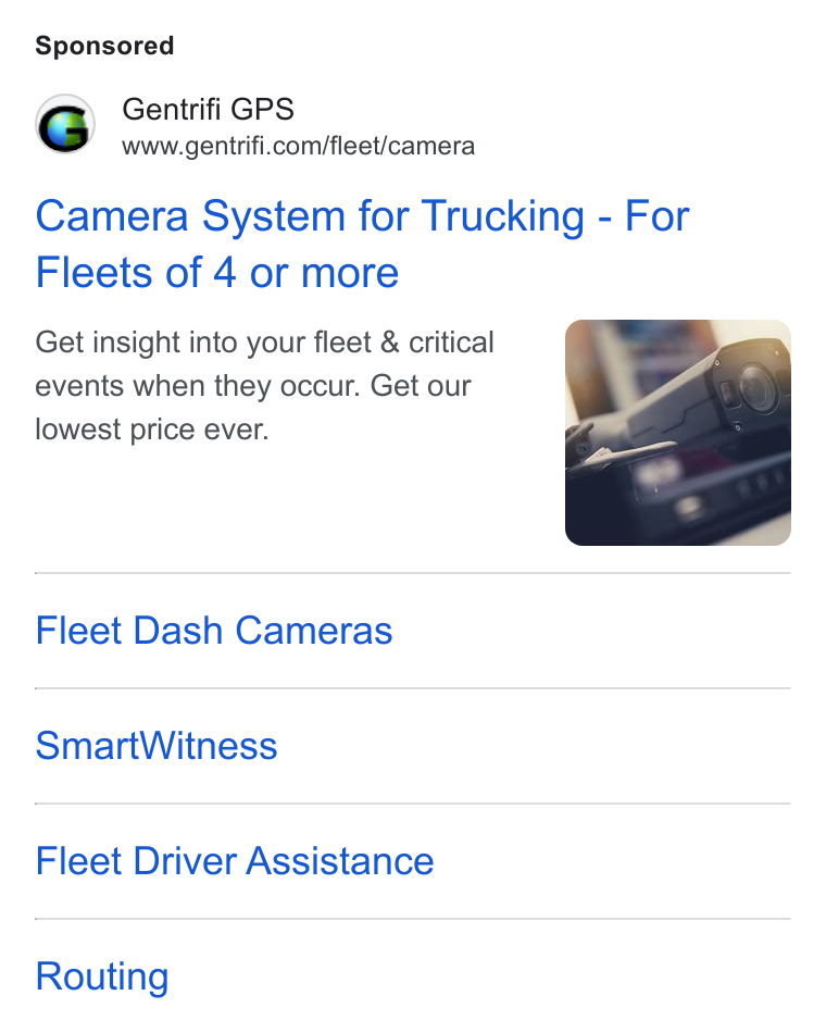Gentrifi GPS ad on Google Ads: Camera System for Trucking - For Fleets of 4 or more Get insight into your fleet & critical events when they occur. Get our lowest price ever. Fleet Dash Cameras Smart Witness Fleet Driver Assistance Routing