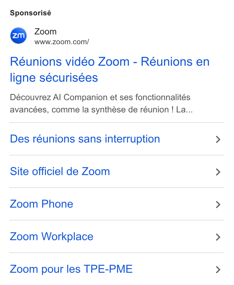 Zoom ad on Google Ads: Sponsorisé Réunions vidéo Zoom - Réunions en ligne sécurisées Découvrez Al Companion et ses fonctionnalités avancées, comme la synthése de réunion ! La... Des réunions sans interruption Site officiel de Zoom Zoom Phone Zoom Workplace Zoom pour les TPE-PME