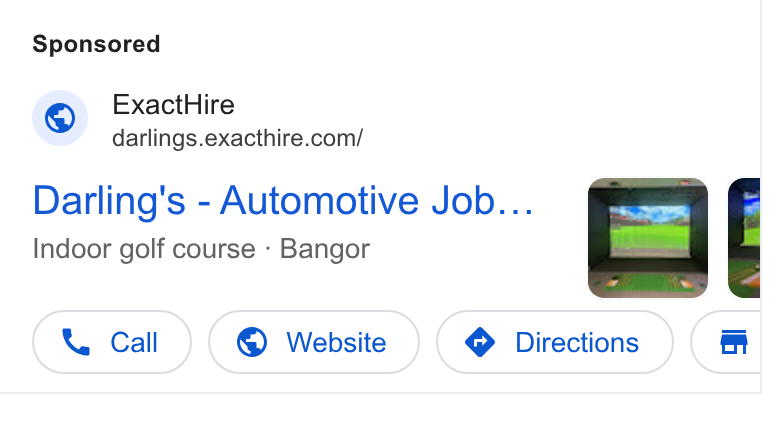 ExactHire ad on Google Ads: Darling's - Automotive Job... Indoor golf course - Bangor XY Call © Website nm mar
