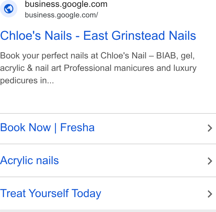 Fresha ad on Google Ads: business.google.com/ Chloe's Nails - East Grinstead Nails Book your perfect nails at Chloe's Nail — BIAB, gel, acrylic & nail art Professional manicures and luxury pedicures in... Book Now | Fresha > Acrylic nails > Treat Yourself Today >