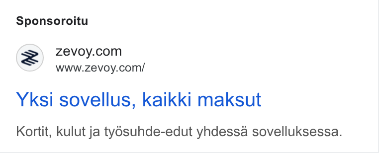Zevoy ad on Google Ads: www.zevoy.com/ Yksi sovellus, kaikki maksut Kortit, kulut ja tyosuhde-edut yhdessa sovelluksessa.