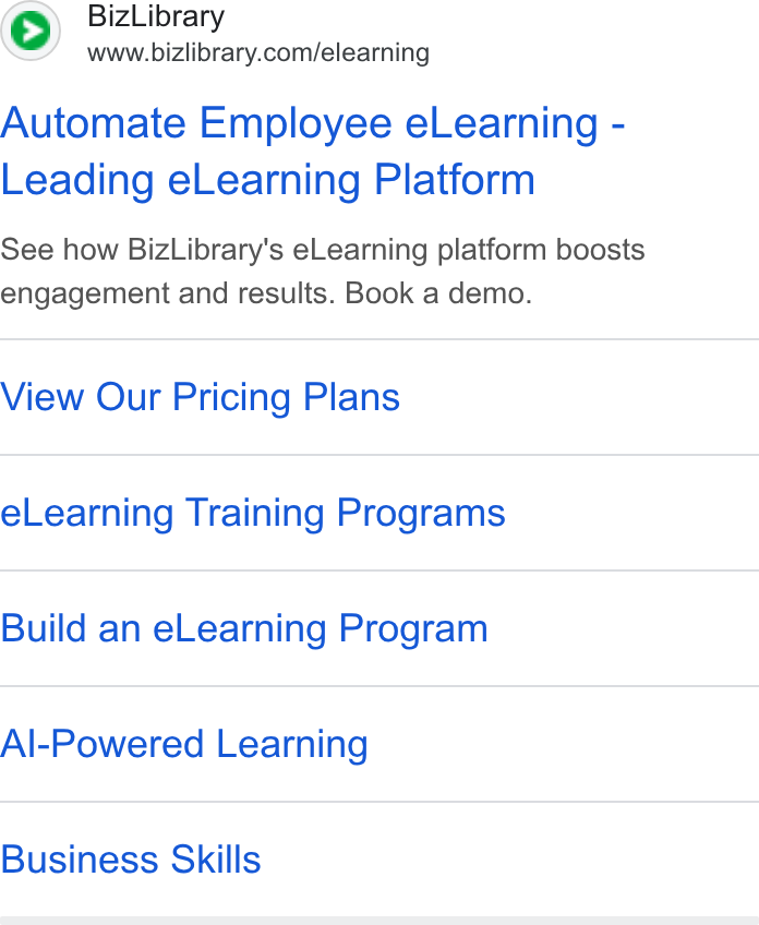 BizLibrary ad on Google Ads: Automate Employee e Learning - Leading e Learning Platform See how Biz Library's e Learning platform boosts engagement and results. Book a demo. View Our Pricing Plans e Learning Training Programs Build an e Learning Program Al-Powered Learning Business Skills