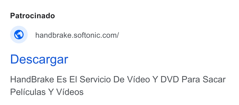 Softonic ad on Google Ads: Descargar Hand Brake Es El Servicio De Video Y DVD Para Sacar Peliculas Y Videos