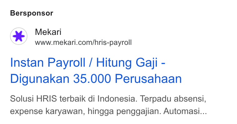 Mekari ad on Google Ads: Bersponsor Instan Payroll / Hitung Gaji - Digunakan 35.000 Perusahaan Solusi HRIS terbaik di Indonesia. Terpadu absensi, expense karyawan, hingga penggajian. Automasi...