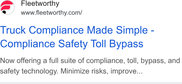 Bestpass ad on Google Ads: Truck Compliance Made Simple - Compliance Safety Toll Bypass Now offering a full suite of compliance, toll, bypass, and safety technology. Minimize risks, improve...