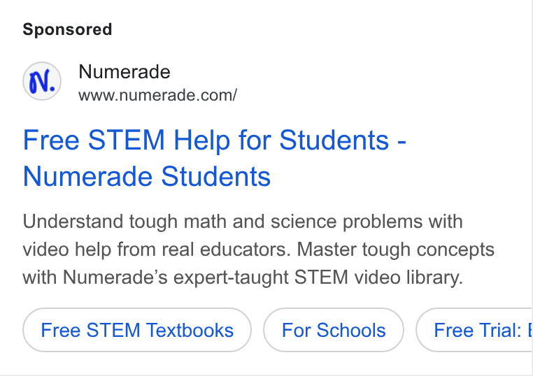Numerade ad on Google Ads: Free STEM Help for Students - Numerade Students Understand tough math and science problems with video help from real educators. Master tough concepts with Numerade’s expert-taught STEM video library. Free STEM Textbooks For Schools Free Trial: