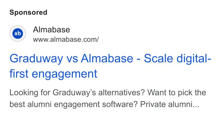 Almabase ad on Google Ads: Graduway vs Almabase - Scale digital- first engagement Looking for Graduway’s alternatives? Want to pick the best alumni engagement software? Private alumni...