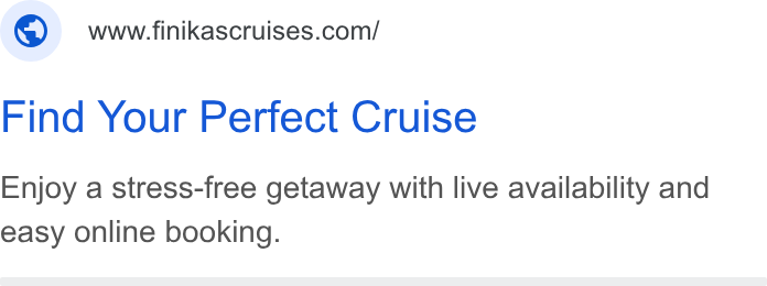 FareHarbor ad on Google Ads: Find Your Perfect Cruise Enjoy a stress-free getaway with live availability and easy online booking.