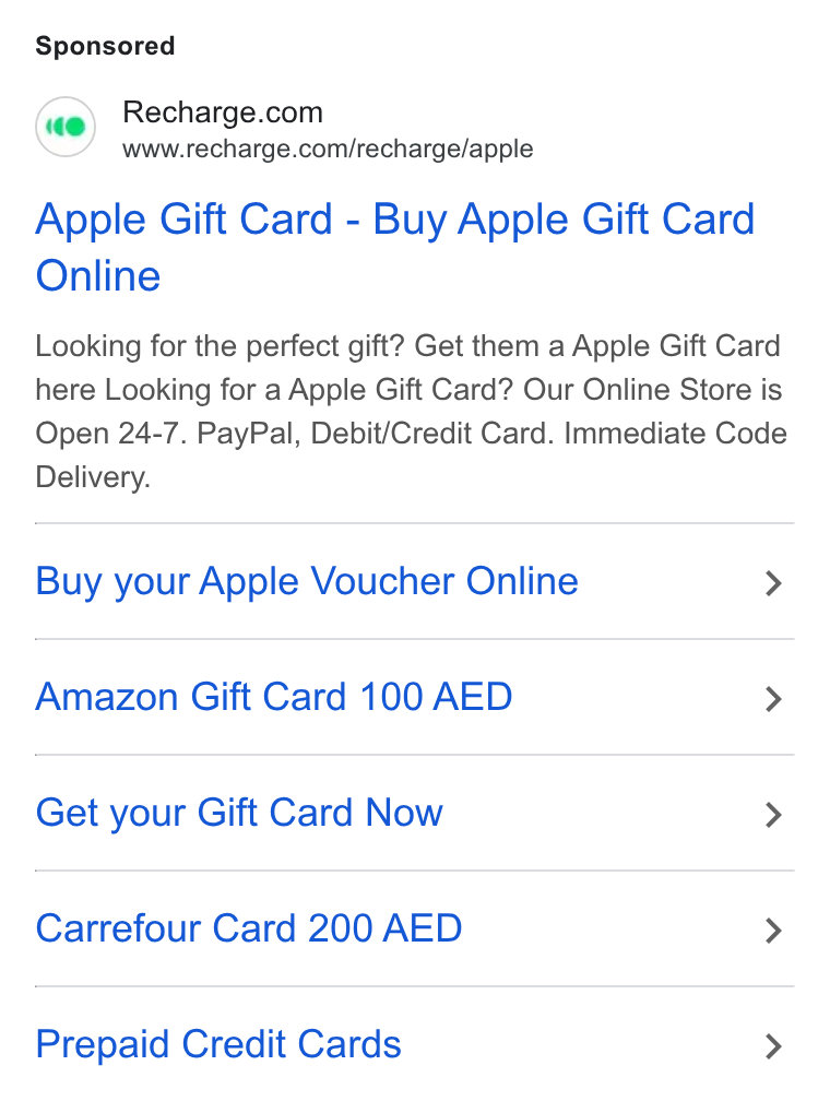 Recharge ad on Google Ads: www.recharge.com/recharge/apple Apple Gift Card - Buy Apple Gift Card Online Looking for the perfect gift? Get them a Apple Gift Card here Looking for a Apple Gift Card? Our Online Store is Open 24-7. Pay Pal, Debit/Credit Card. Immediate Code Delivery. Buy your Apple Voucher Online > Amazon Gift Card 100 AED > Get your Gift Card Now > Carrefour Card 200 AED > Prepaid Credit Cards >