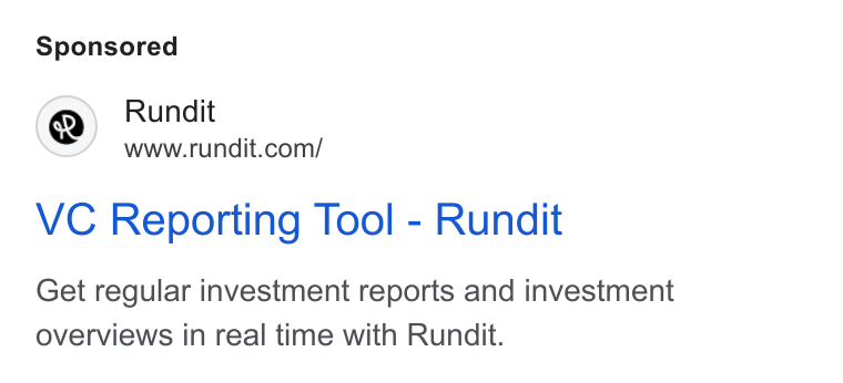 Rundit ad on Google Ads: VC Reporting Tool - Rundit Get regular investment reports and investment overviews in real time with Rundit.