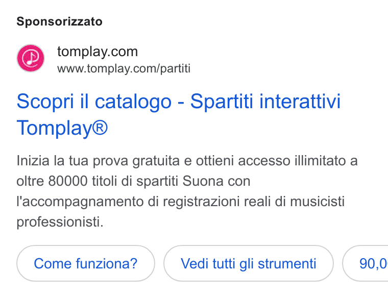 Tomplay ad on Google Ads: www.tomplay.com/partiti Scopri il catalogo - Spartiti interattivi Tomplay® Inizia la tua prova gratuita e ottieni accesso illimitato a oltre 80000 titoli di spartiti Suona con l'accompagnamento di registrazioni reali di musicisti professionisti. Vedi tutti gli strumenti ( 90,0