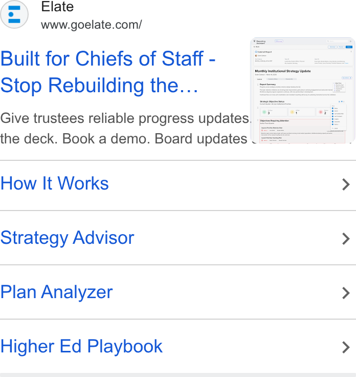Elate ad on Google Ads: Built for Chiefs of Staff - Stop Rebuilding the... Give trustees reliable progress updates! .= the deck. Book a demo. Board updates | ==" How It Works > Strategy Advisor > Plan Analyzer > Higher Ed Playbook >
